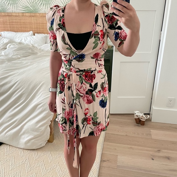AFRM Floral Wrap Tie Dress beach coverup XS puff shoulder pink rose - Picture 12 of 17